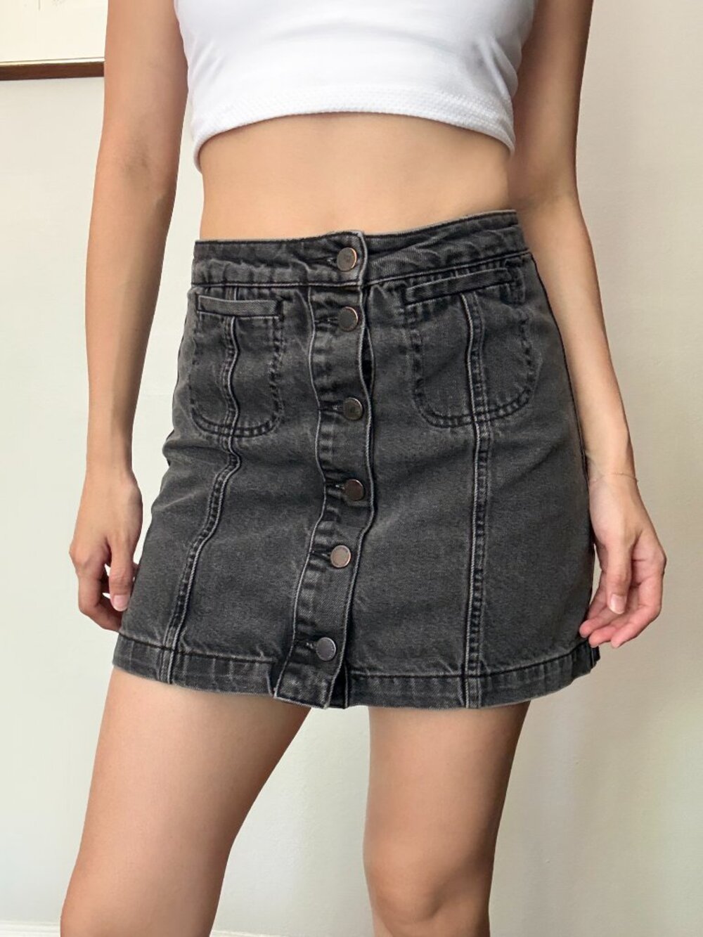 Topshop MOTO High Waisted Button Down Denim Skirt in Charcoal Gray - Size US 2